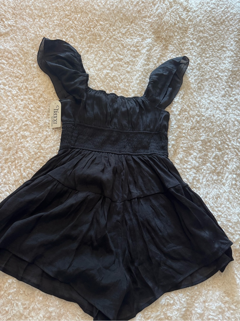 Trixxi Black Flutter Sleeve Smocked Waist Girls Dress